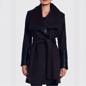 Badgley Mischka Black Trench Coat with Leather Accents
